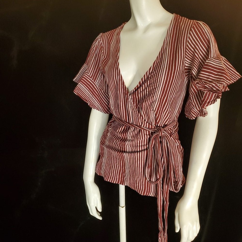 Free People Red & Light Gray Striped Wrap Blouse (M)